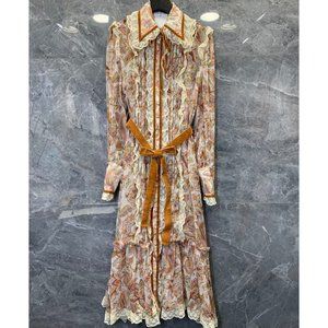 Printed silk dress with lace trim